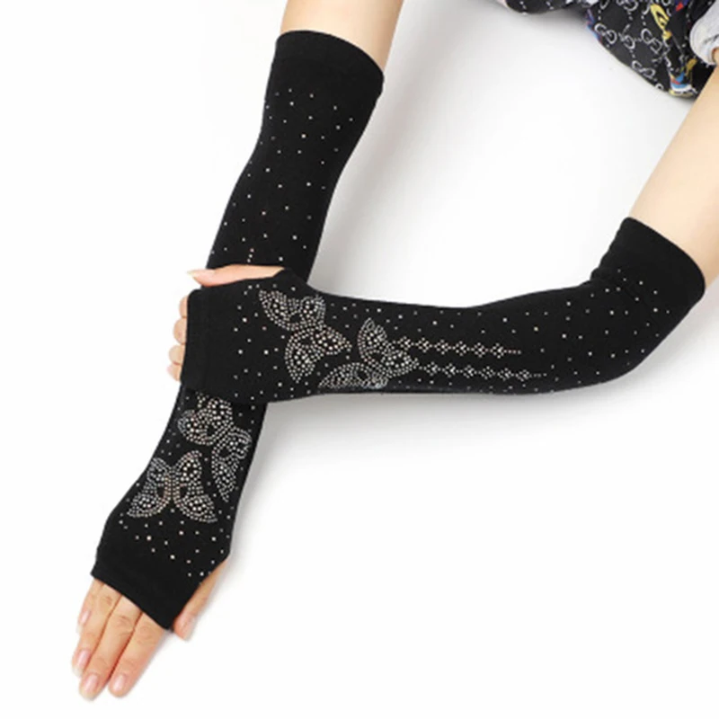 Female Black half finger Long Knitted Warm Driving Mittens Female Cute Fox Sailor Elasticity Dance Rhinestone Punk Gloves H37