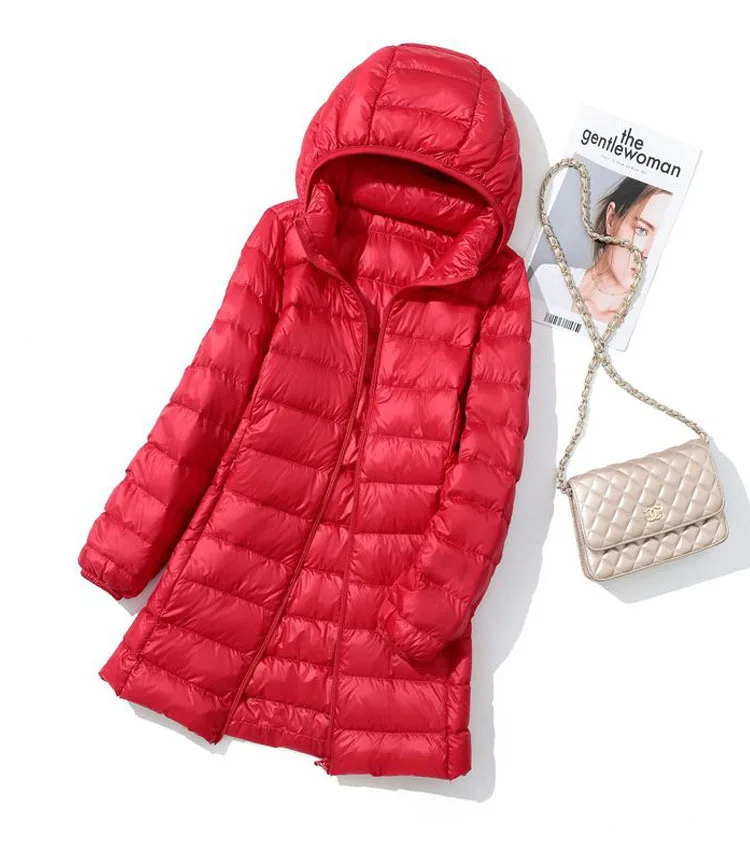 Schinteon M-7XL Women Down Jacket Ultralight White Duck Down Long Coat with Removable Hood Thin Slim Spring Autumn Outwear New