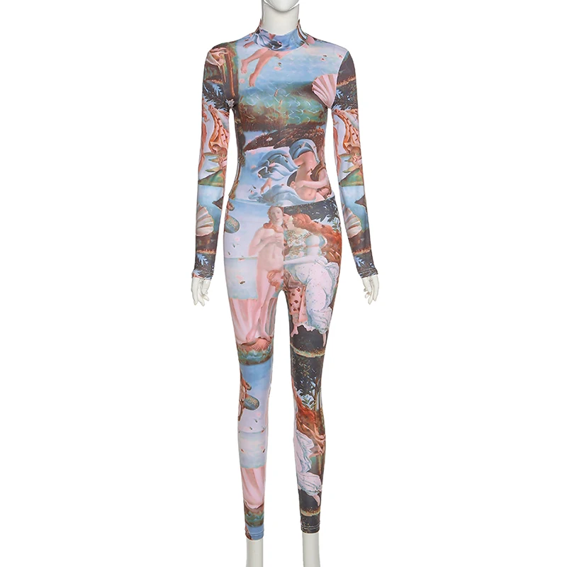 Aesthetic Printed Fitness Women Long Jumpsuits Autumn Fashion Long Sleeve Vintage One Piece Bodycon Overalls Sporty Hot