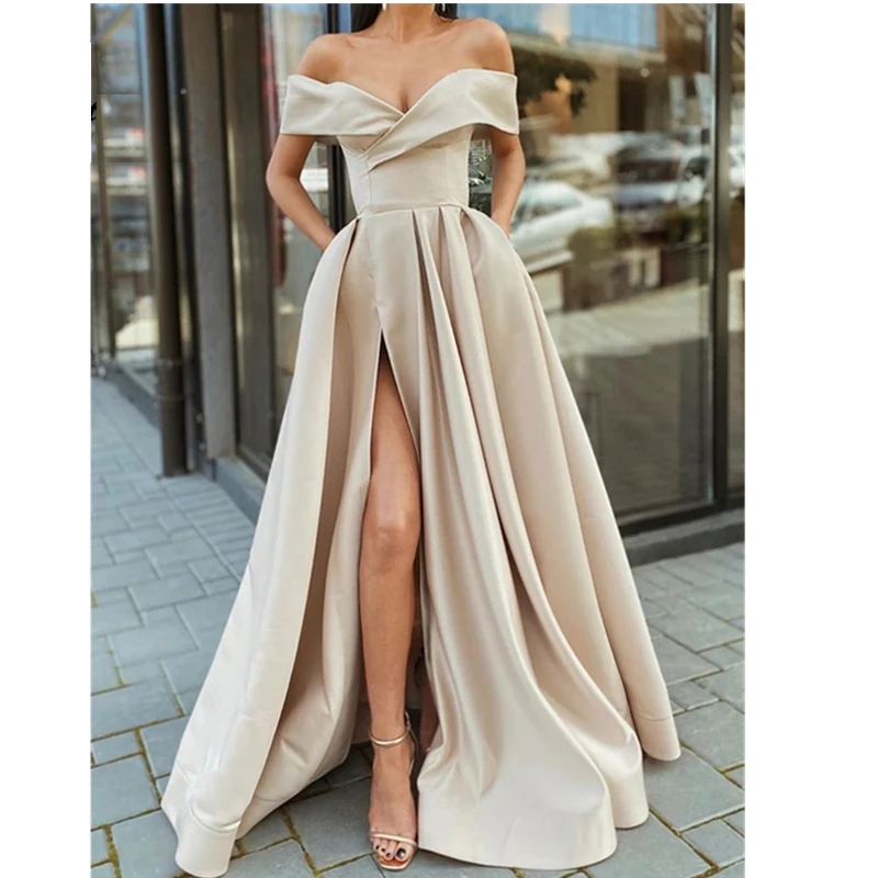 Off the Shoulder Emerald Green Satin Long Prom Dresses with Leg Slit V-neck Floor Length Arabic Evening Gowns robe de soiree