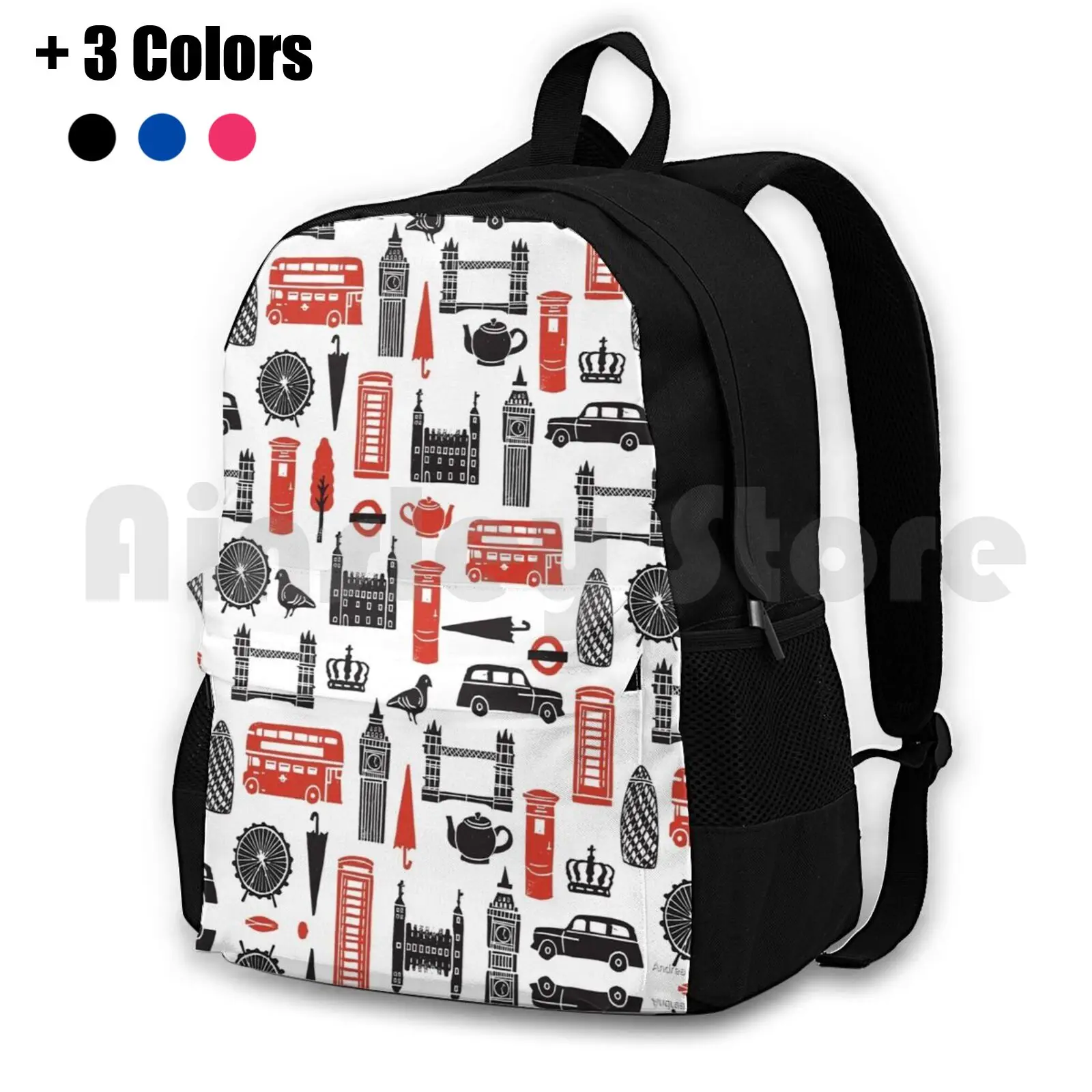 London Block Print-Black And Red By Andrea Lauren Outdoor Hiking Backpack Riding Climbing Sports Bag Block London Icons City