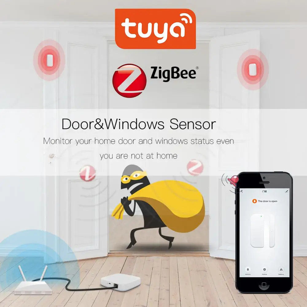 Умный датчик двери Tuya ZigBee, Беспроводная сигнализация детектор открытия двери и окна, поддержка приложения Tuya / Smart Life