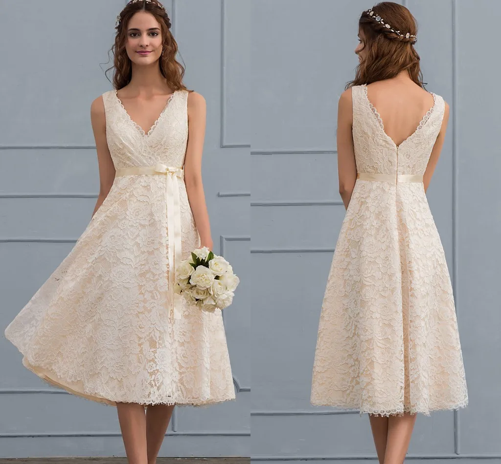 Champagne com decote em v até o joelho vestido de casamento de renda com faixa de arco a linha boho vestidos de festa de noiva robe de mariage vestidos noiva