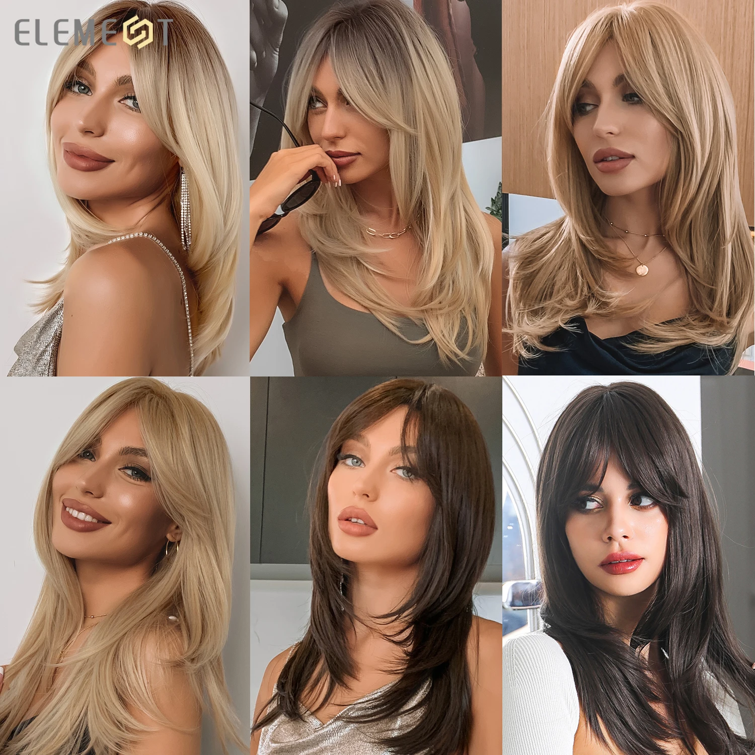 Element Synthetic Fiber Hair Various Colors Wigs For Women Long Straight Wavy Brown Blonde Woman Wig With Bangs Heat Resistant