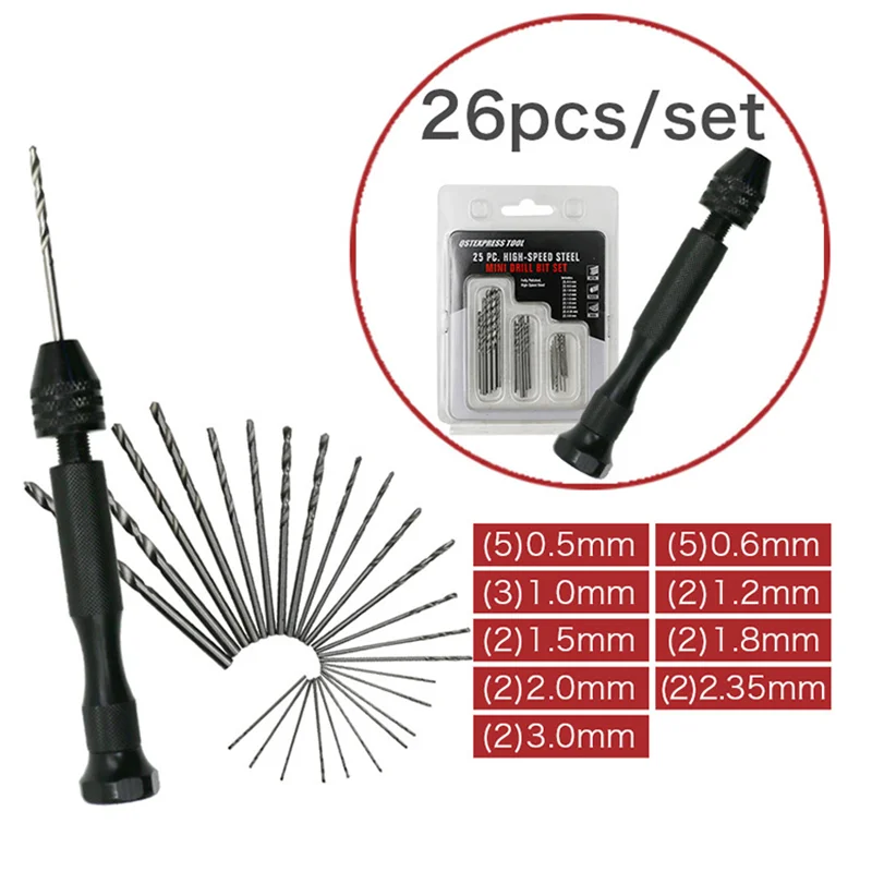 26pcs Twist Punta Del Trapano Mini Micro Mano In Lega di Alluminio Con Keyless Mandrino Lavorazione Del Legno Rotante Strumenti di Perforazione Bit