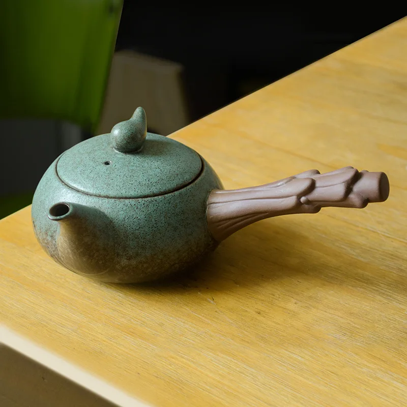 

Side handle pot coarse ceramic teapot ceramic kungfu tea set green kaolin kiln color changing glaze kungfu tea set accessories