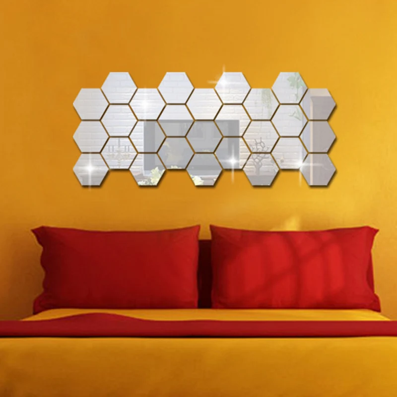 12PCs/Set DIY 3D Mirror Wall Stickers Hexagon Home Decor Acrylic Mirror Decor Sticker Mural Removable Room Decal Art Ornament SA