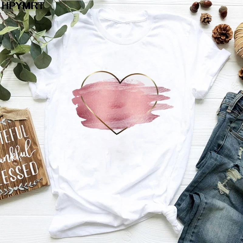 

Heart flower print ladies T-shirt Women casual O-Neck white shirt short sleeve ladies Tshirt Female love graphic printing Tshirt