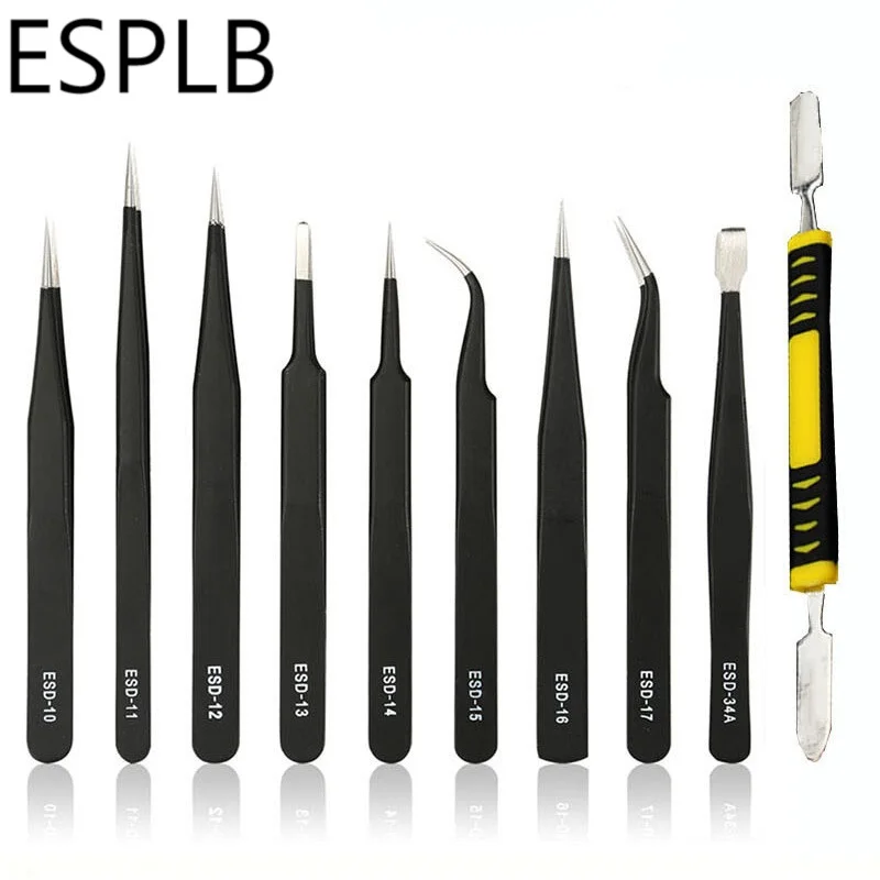 9-10pcs/Set ESD Stainless Steel Tweezers Precision Anti-Static Industrial Repair Tools Tweezers for Electronics Soldering Craft