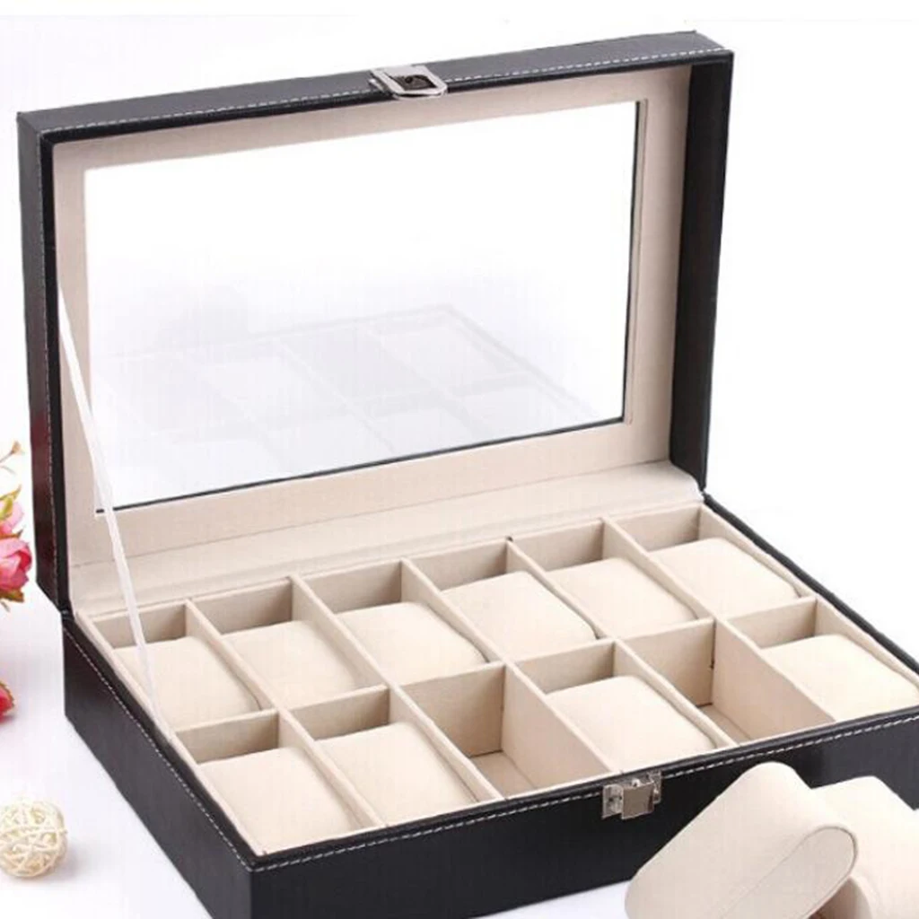 10 Slots Watch Box PU Leather Luxury Watch Case Holder Organizer Storage Box For Watches Men Glass Top Watch Organizer Jewelry