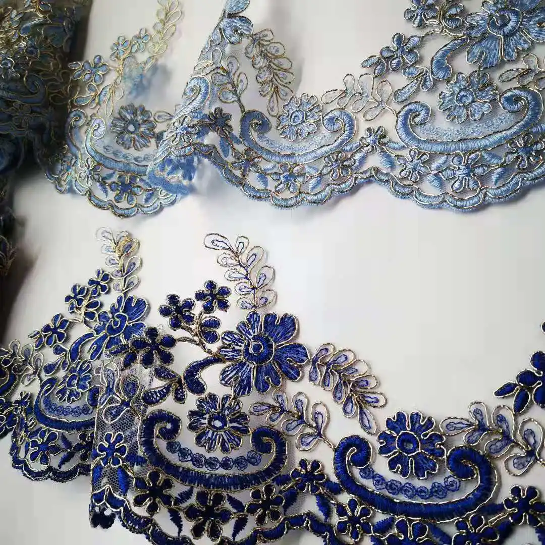 2 metri 15cm di larghezza cielo blu zaffiro bordo poliestere ricamo pizzo per abito da sposa abito Costume Design nastro di pizzo