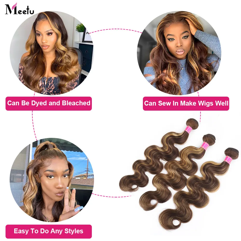 Meetu Highlight Bundles With Closure Brazilian Hair Weave Bundles With Lace Closure Honey Blonde Body Wave Bundles With Closure