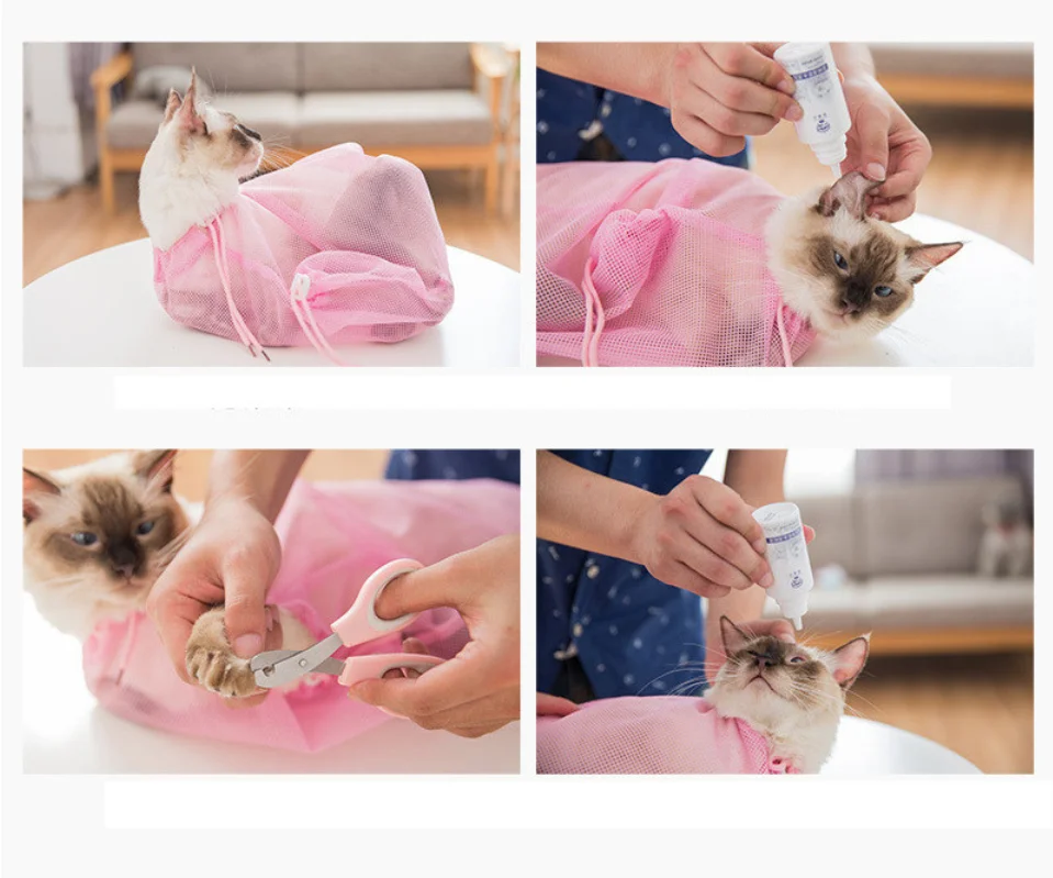 Mesh Cat Grooming Bathing Bag Adjustable Cats Washing Bags For Pet Nail Trimming Injecting Anti Scratch Bite Restraint 34x50cm