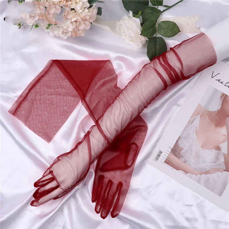 Polka Dot Lace Long Gloves Female Semi Sheer Mesh Tulle Solid Color Bridal Wedding Party Sun Protection Vintage Prom Mittens