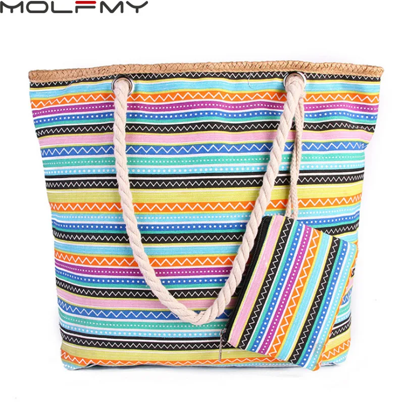 Bolso de mano de lona para mujer, bolsa de mano de lona de 2 piezas, a rayas de colores, de gran capacidad, estilo bohemio, informal, para la playa, novedad de 2022