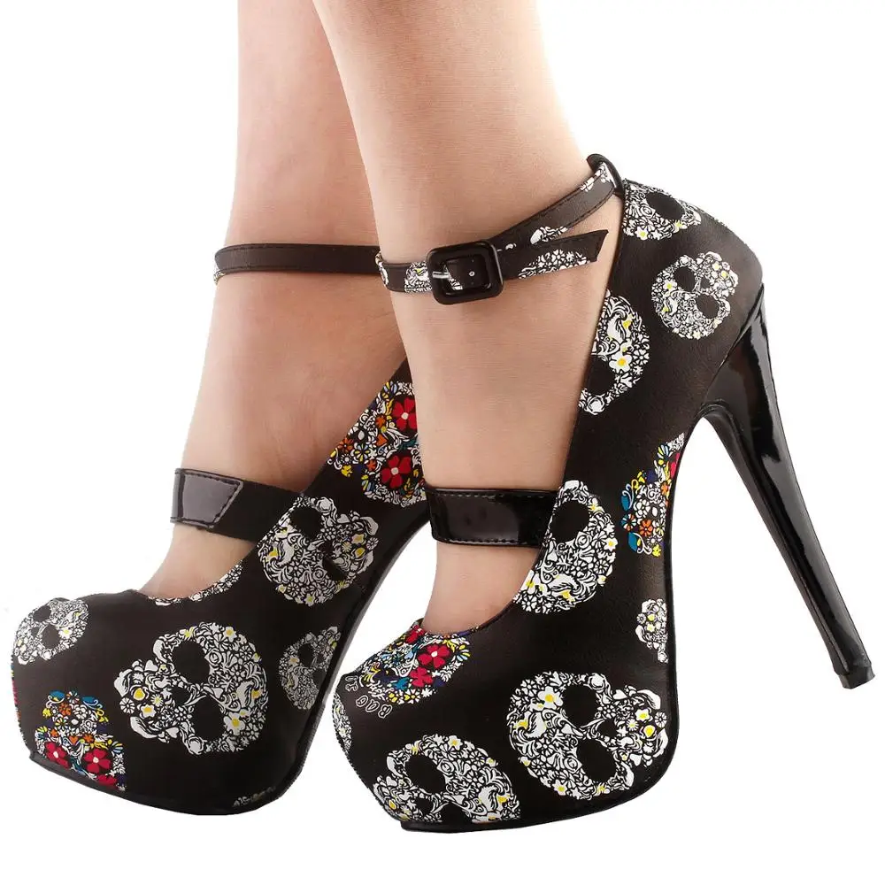 LF80873 Women Sexy Skull Print Ankle Strap Platform Stiletto Heel Dress Pumps