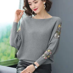 Fiore ricamo manica a pipistrello o-collo maglioni primaverili donna Casual pullover lavorati a maglia allentati maglieria di grandi dimensioni top donna