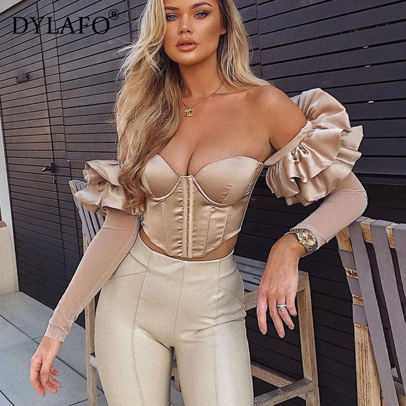 Elegant Ruffles Sleeve Crop Tops Women Solid Strapless Backless Tops Women Winter Streetwear Skinny Zipper Party Clothes 2021