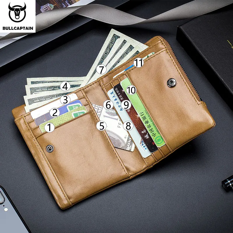BULLCAPTAIN Leather Men\'s Wallet Double Coin Purse Small Mini Card Holder Pocket Business Wallet QB 057