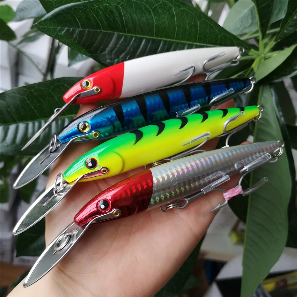 SWOLFY Metal Tongue Minnow Fishing Lure 32.5g/130mm Big Minnow Trolling Tuna Fishing Lures 3D Eyes Artificial Baits