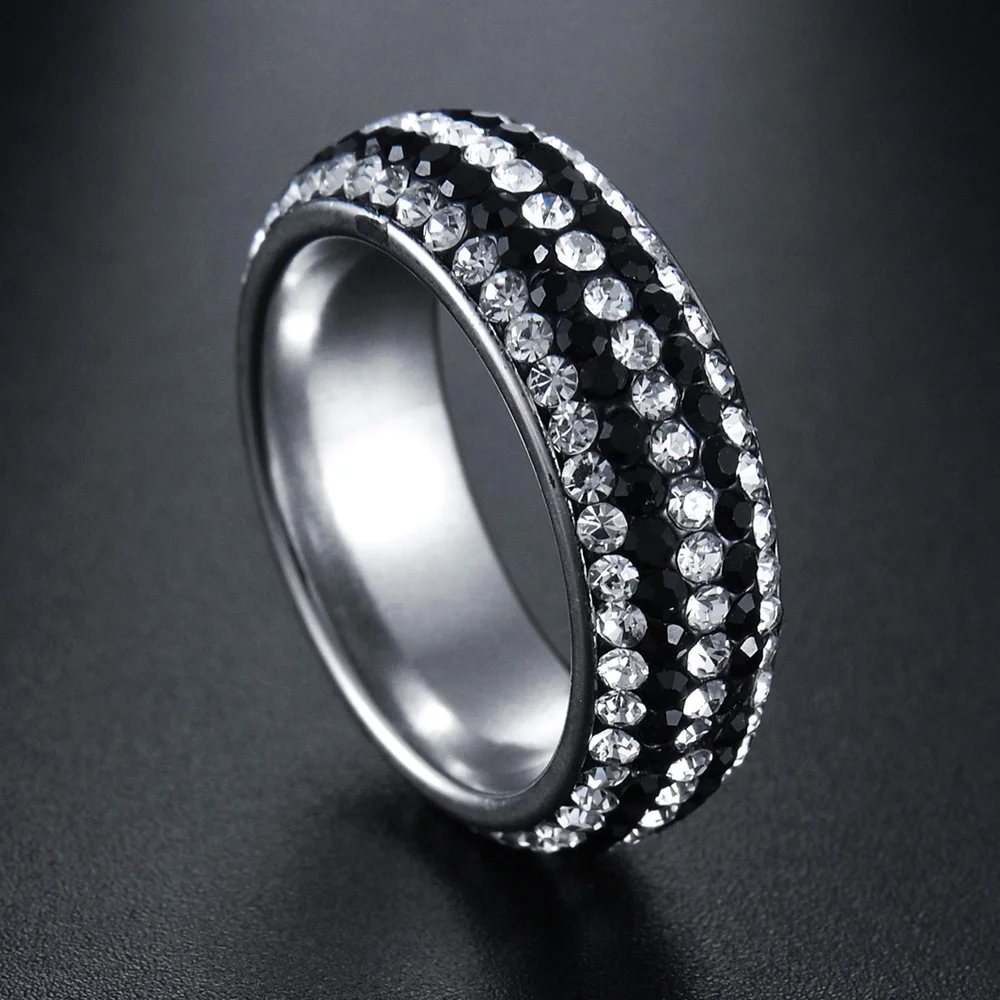 Charm Stainless Steel CZ Eternity Band Ring Black Crsytal Couple Rings Promise Men Women Engagement Wedding Jewelry Size 7-11