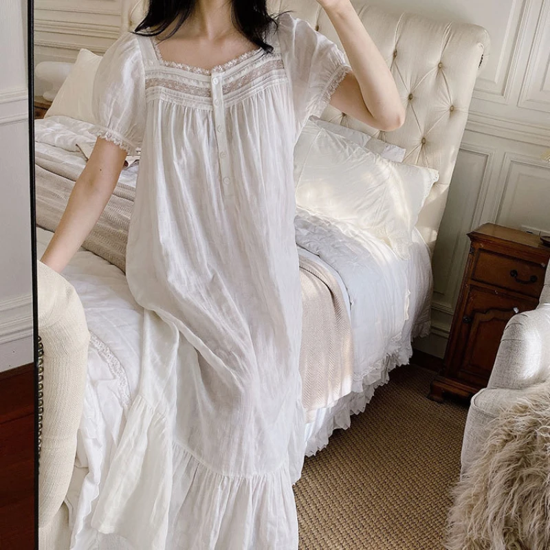 Princess Sleepwear Women Pure Cotton Peignoir White Short Sleeve Victorian Long Night Dress Romantic Vintage Nightgowns Homewear