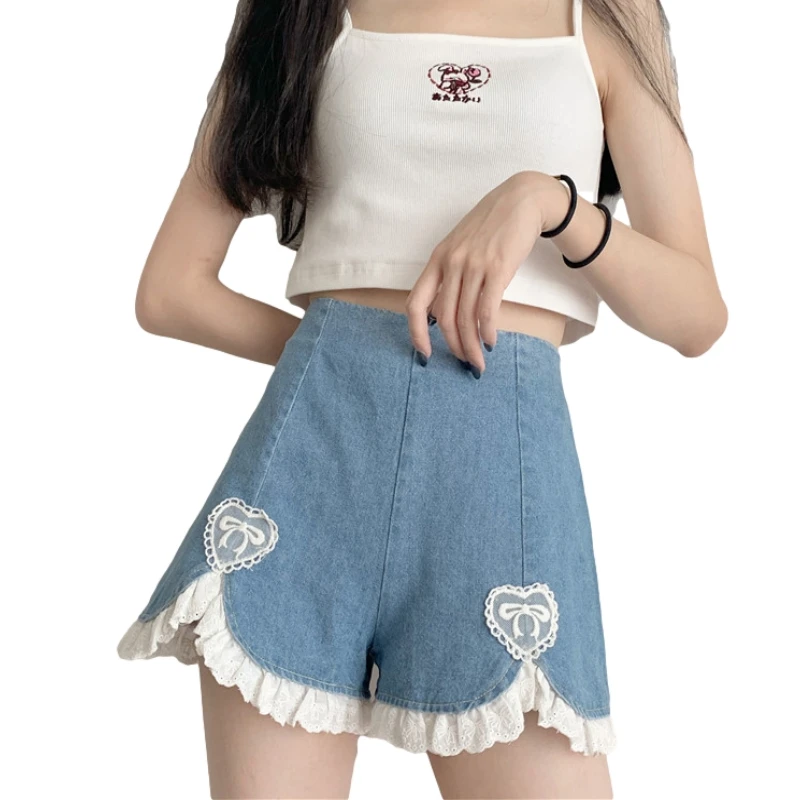 Summer Japan Style Soft Girls Denim Shorts Women 2021 Kawaii Heart Causal Jeans Female High Waist Blue Cute Lace Wide Leg Shorts