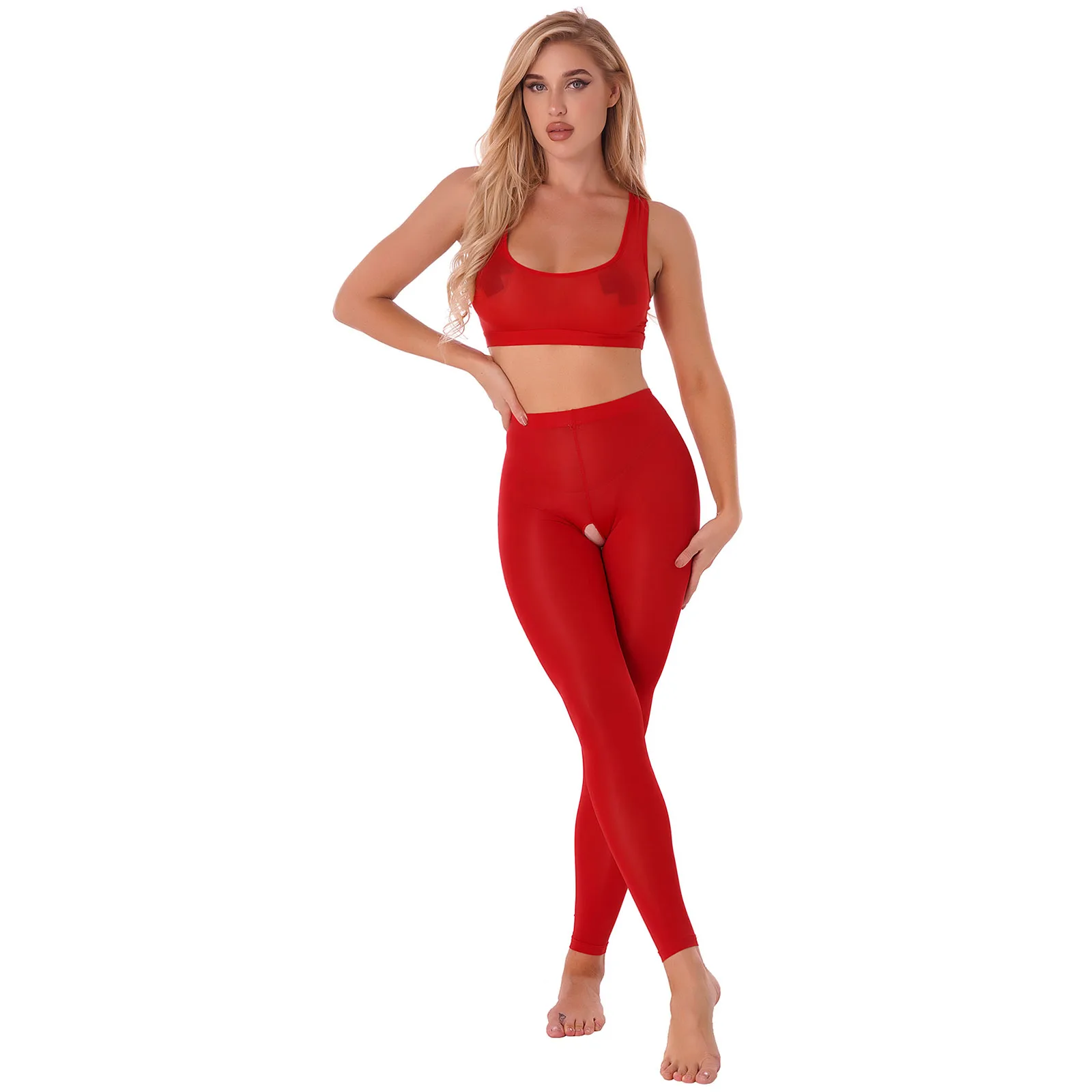 

See-through Lingerie Suit Sexy Womens Ultra Thin Vest And High Waist Open Crotch Pants Leggings Set for Tempting Nightwear
