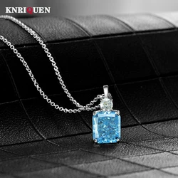 Luxury 100% 925 Sterling Silver 9*10mm Aquamarine High Carbon Diamond Pendant Necklace for Women Wedding Party Fine Jewelry Gift