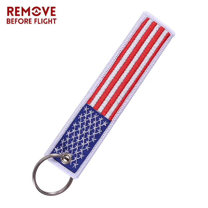 Remove Before Flight USA Flag Keychain Embroidery Key Chain for Car Motorcycles Keys Gift OEM Key Ring Fashion Jewelry
