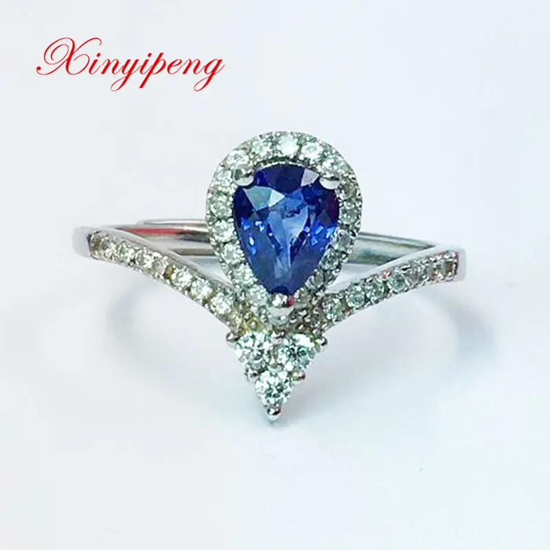 

Xin Yipeng S925 sterling silver plated white gold inlaid real natural sapphire ring fine anniversary holiday gift for women