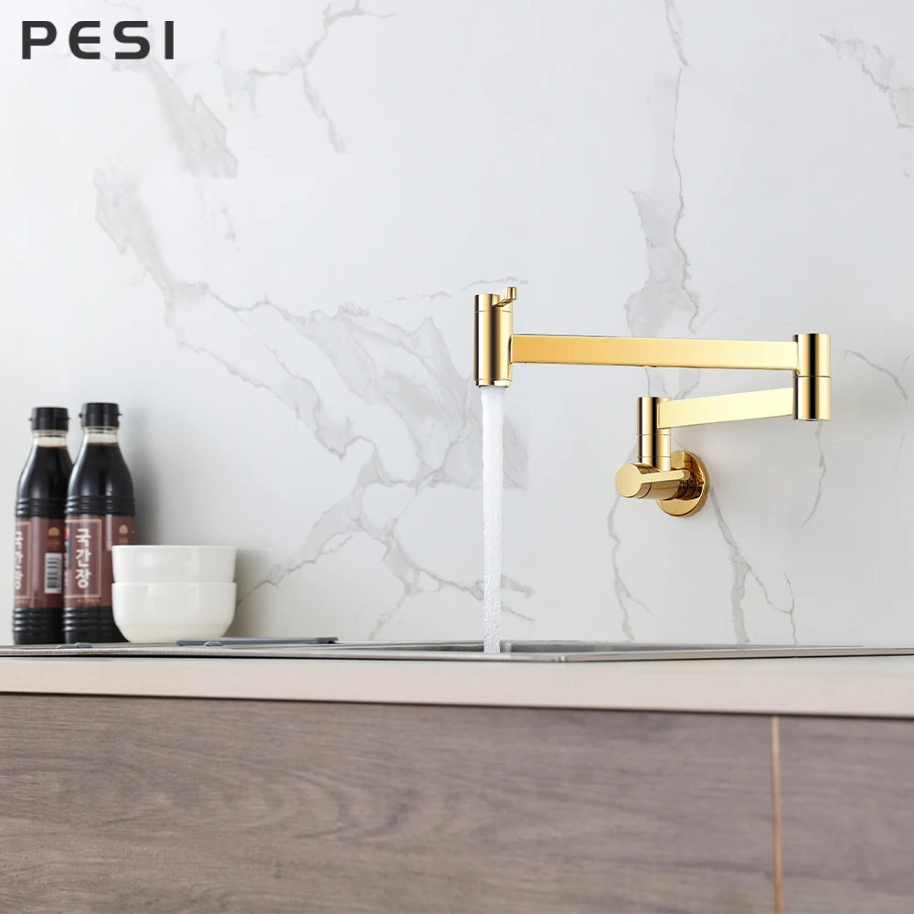 Gold Kitchen Faucet Wall Mounted Foldable Single Cold Single Hole Sink Tap Rotate Folding Spout Chrome Gold Brass Accessorie.