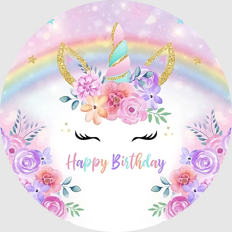 Flower Unicorn Birthday Party Background Baby Shower Kids Rainbow Candy Table Cover Round backdrop Poster Photo Studio Elastic