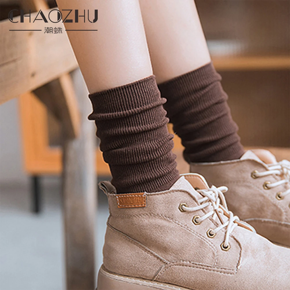 CHAOZHU  Japanese Korea High School Girls High Socks Loose Solid Colors Double Needles Knitting Cotton Long Socks Women