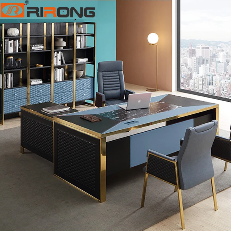 

Blue Red Luxury Modern Home Office Furniture Design Gold Computer Leather Table Office Table Set Standing Table Desk With Drawer