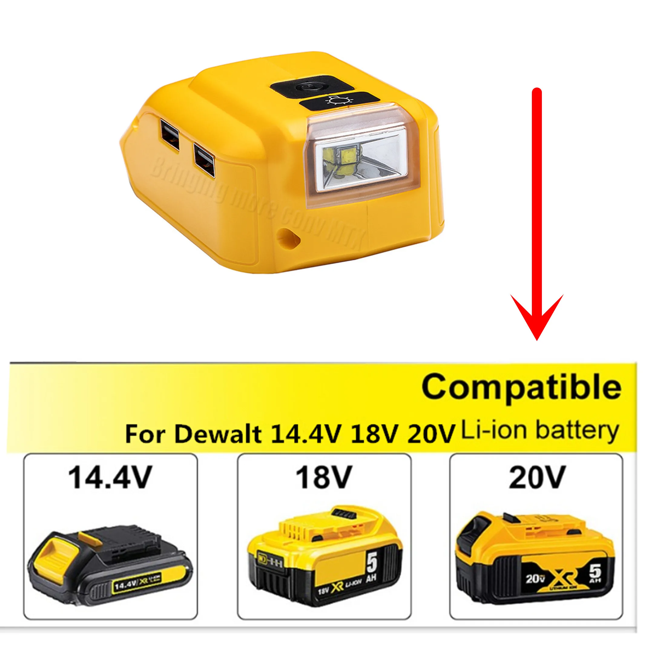 LED Light Working Lamp with two USB for Mobile Phone Charger suit For Dewalt 18V 20V Li-ion Battery DCB180 DCB200 DCB203 DCB205