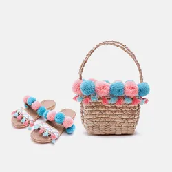 Casual New Fashion 2020 Summer Women Handbag Straw Hairball Bag Ladies Casual Messenger Beach Woven Solid Handbag