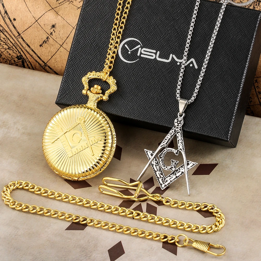 Royal Gifts Sets Hollow Design Masonic Freemasonry Chrome Pendant Quartz Pocket Watch Necklace Chain Jewelry Gifts for Men Women