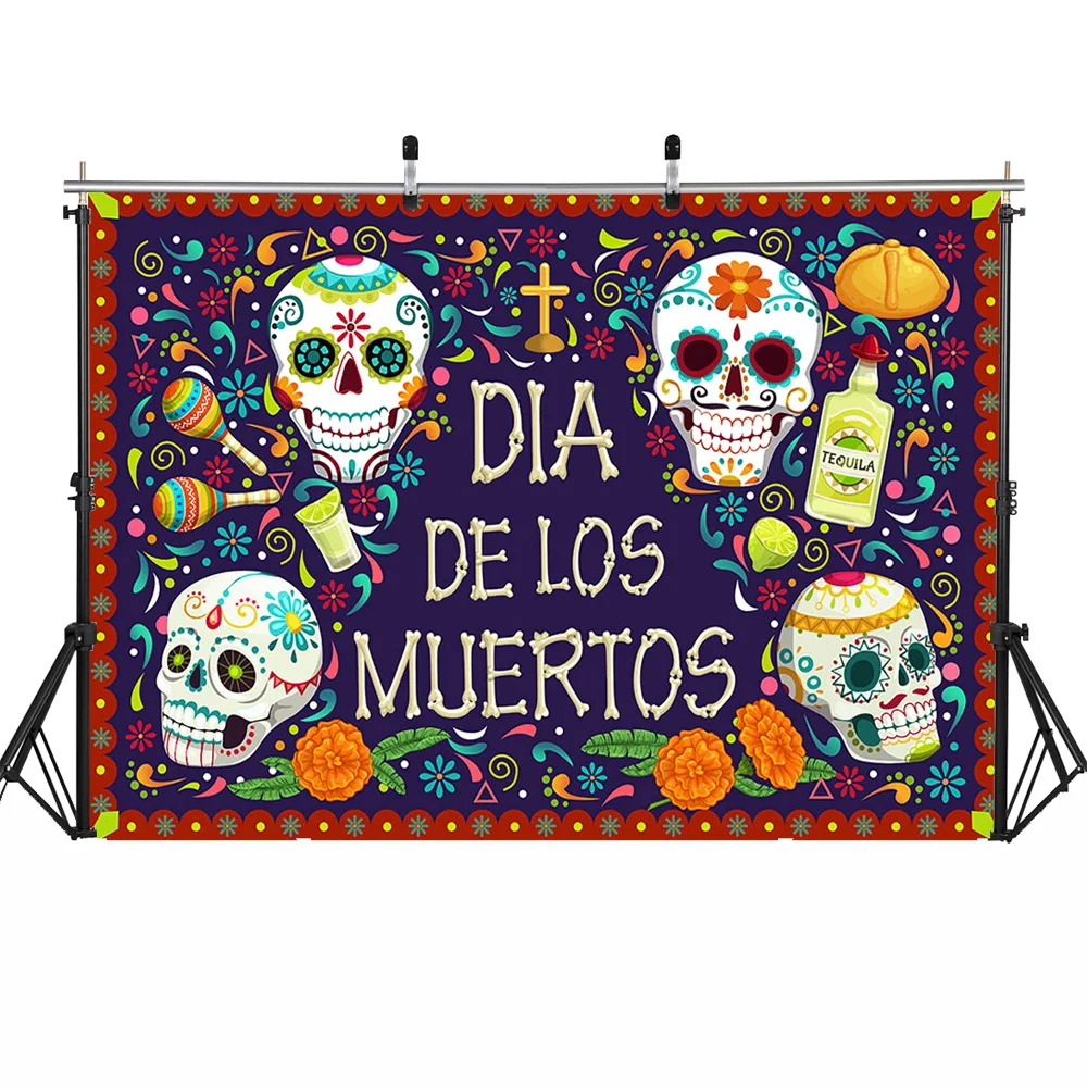 Dia de Los Muertos Photo Backdrop Floral Sugar Skull Mexico Fiesta Party Background Decoration Day of the Dead Photocall Props