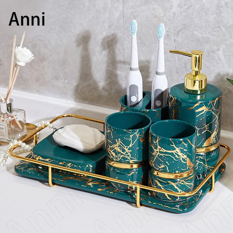 

Golden Marble Texture Bathroom Accessories Set Ceramic Nordic Gold Stroke Five Piece Set Toiletries Organizer Shower Accessories