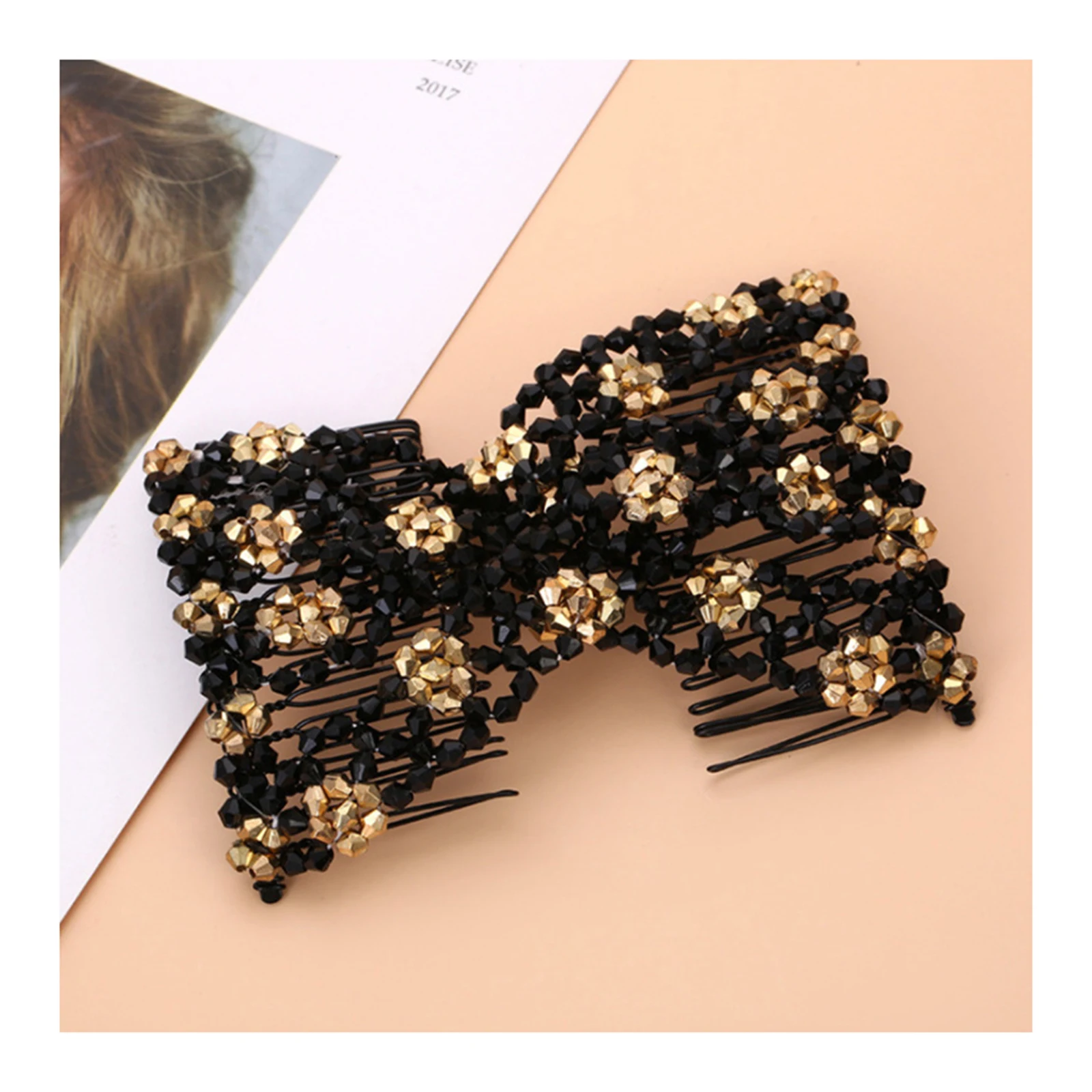 Flexible Butterfly Hair Clip Electroplating Beads Hair Comb for Bun Hair Double Stretching Comb with 20 Teeth