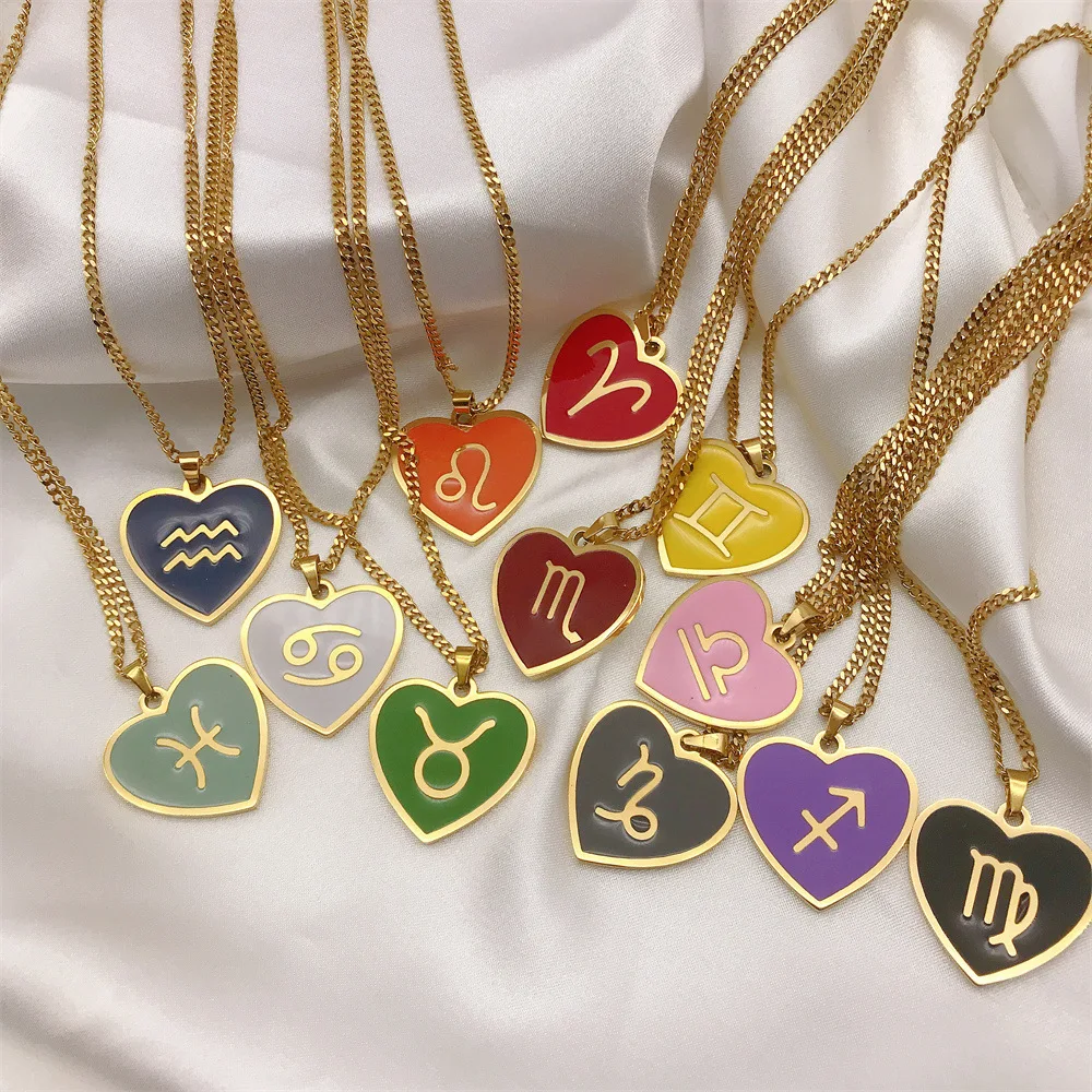 12 Constellation Necklace for Women Charms Enamel Heart Zodiac Sign Pendant Necklace Aries Leo Amulet Jewelry Christmas Gift