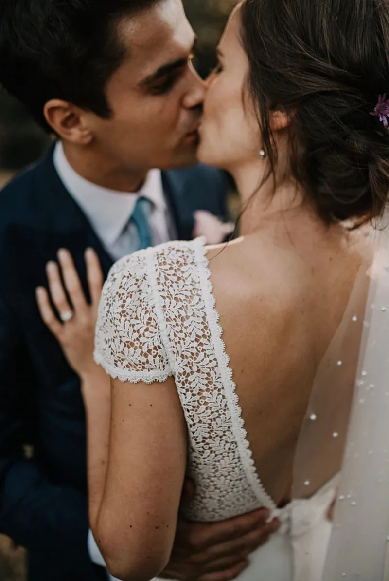 Vestido de novia bohemio personalizado de gasa con espalda descubierta, Blanco Simple, bohemio, manga corta, línea A, vestidos de novia de playa, vestido de novia