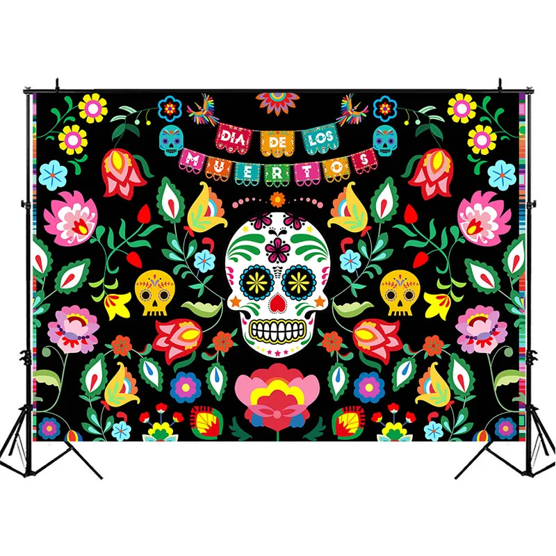 Fondo del Día DE los muertos para Fiesta mexicana, Fondo DE fotografía con flores y calaveras DE azúcar, Banner DE decoraciones Dia DE Los Muertos