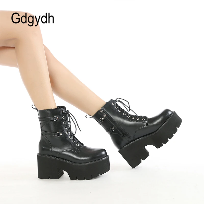 

Gdgydh Mid Calf Boots Platform Goth Shoes Chunk Heels Black Leather Plus Size Side Zipper Rave Combat Boots for Women Lace Up