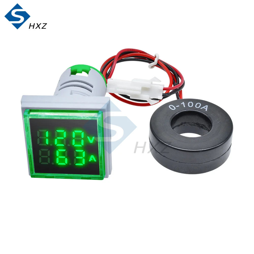 Amperímetro Digital de 22MM 0-100A 60-500V, medidor de corriente/medidores de voltaje, indicador Led, lámpara cuadrada, luz de señal 2 en 1