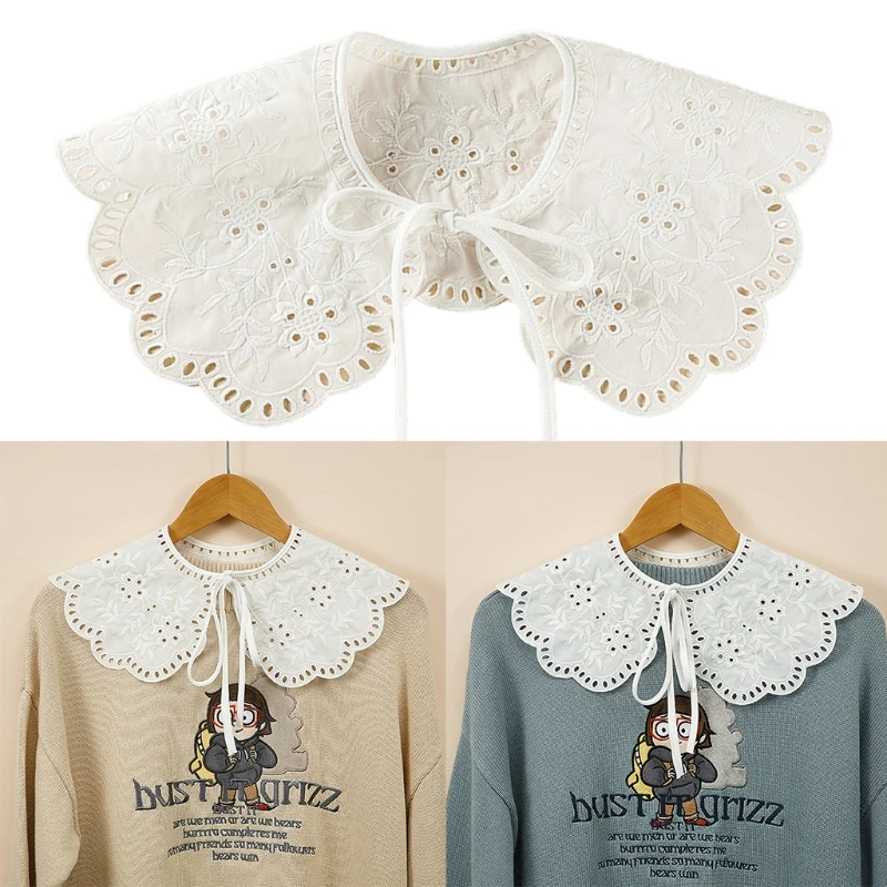 White Shawl Wrap Doll Fake Collar Hollow Out Embroidery Floral Leaves Necklace Detachable Half Shirt Lapel Blouse Poncho