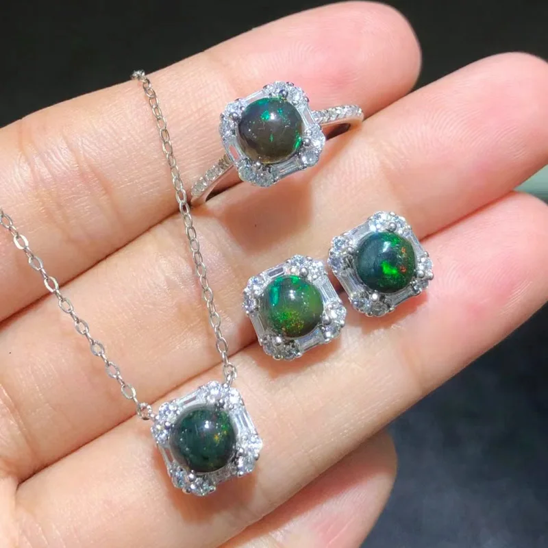 CSJ Natural Ethiopia Opal Jewelry Sets Sterling 925 Silver,Black Opal Gemstone Round 6mm for Women Wedding Birthday Party Gift