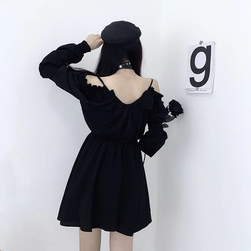 Women Dress M-4XL Lace Up Black Autumn 2024 Sexy High Waist Femme Dresses Off Shoulder Long Sleeve Gothic Clothes