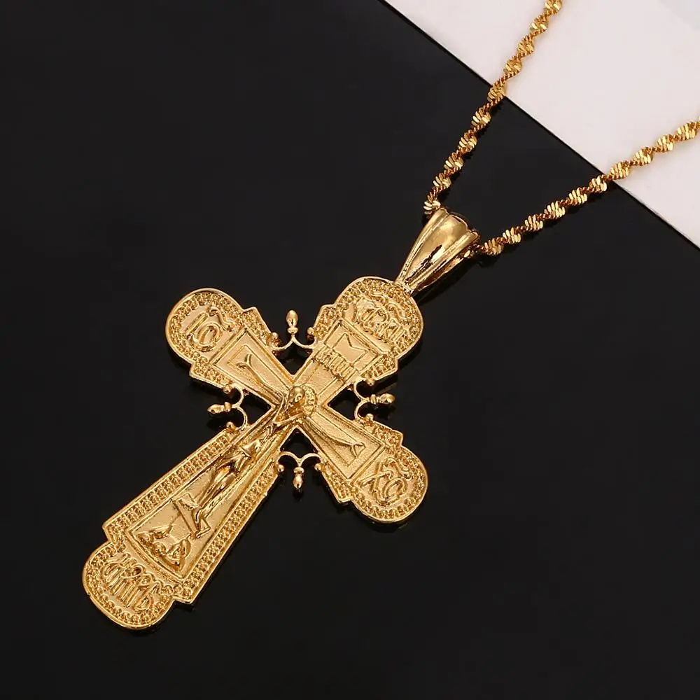 24K Gold Color Jesus Christ Cross Pendant Necklace Catholic Cross Jewelry for Women
